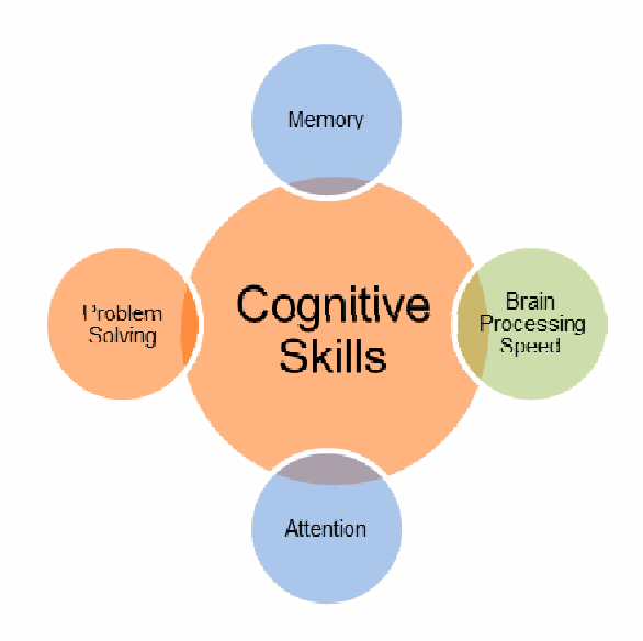 Diagram showing a breakdown of cognitive skills such as memory, brain process speed, problem solving, and attention - which are measured by tests like the CAT4.