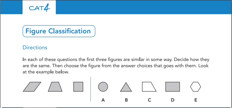 An example CAT4 Practice Test on figure classification questions - shows shapes being grouped with common attributes