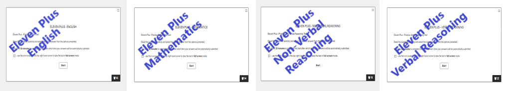 Front cover images for the 4 Eleven Plus test - Maths, English, Non-Verbal Reasoning, Verbal Reasoning