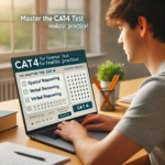 A student taking an online CAT4 practice test on a laptop.