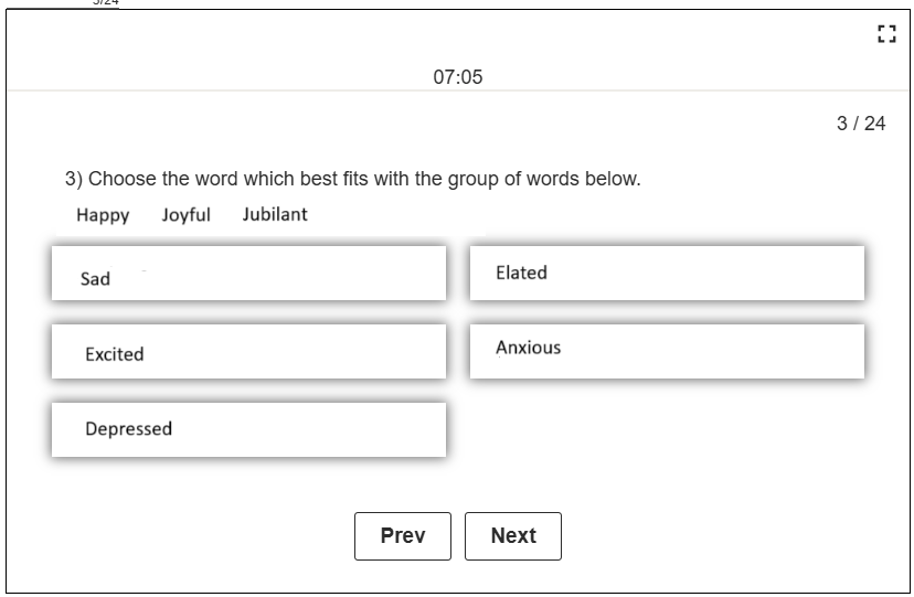 Verbal Classification Synonym Antonym Question Example Using "Happy" as the common meaning and "Elated" as the answer